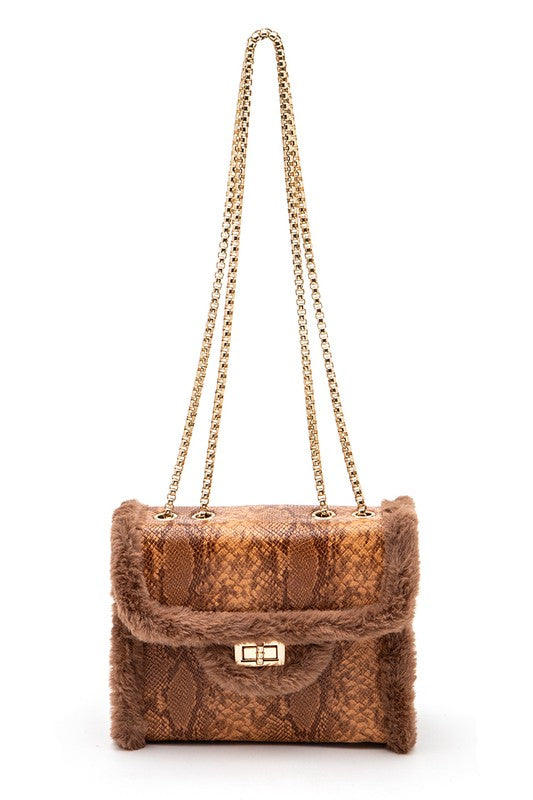 FAUX SHEARLING SNAKE PRINT SHOULDER BAG