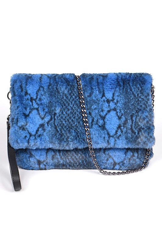 FAUX SHEARLING SNAKE PRINT CLUTCH