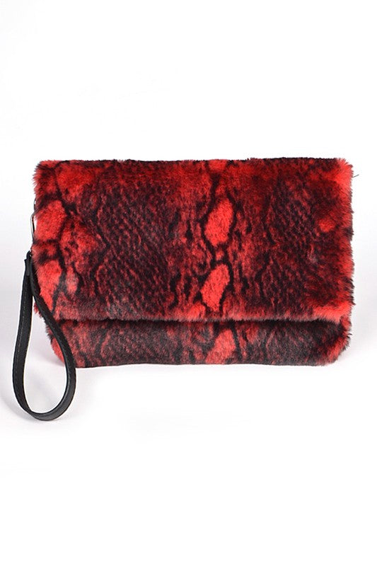 FAUX SHEARLING SNAKE PRINT CLUTCH