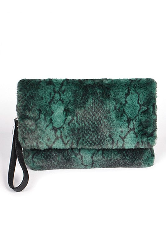 FAUX SHEARLING SNAKE PRINT CLUTCH