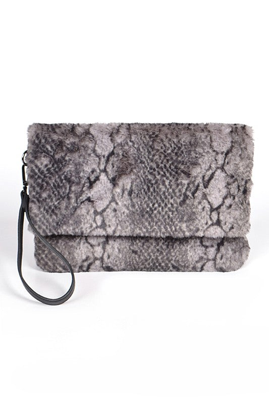 FAUX SHEARLING SNAKE PRINT CLUTCH