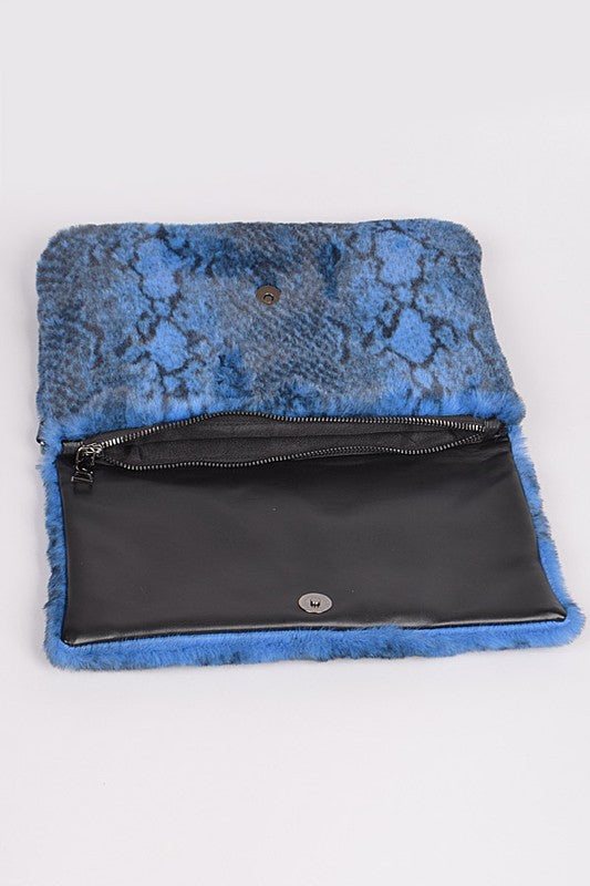 FAUX SHEARLING SNAKE PRINT CLUTCH