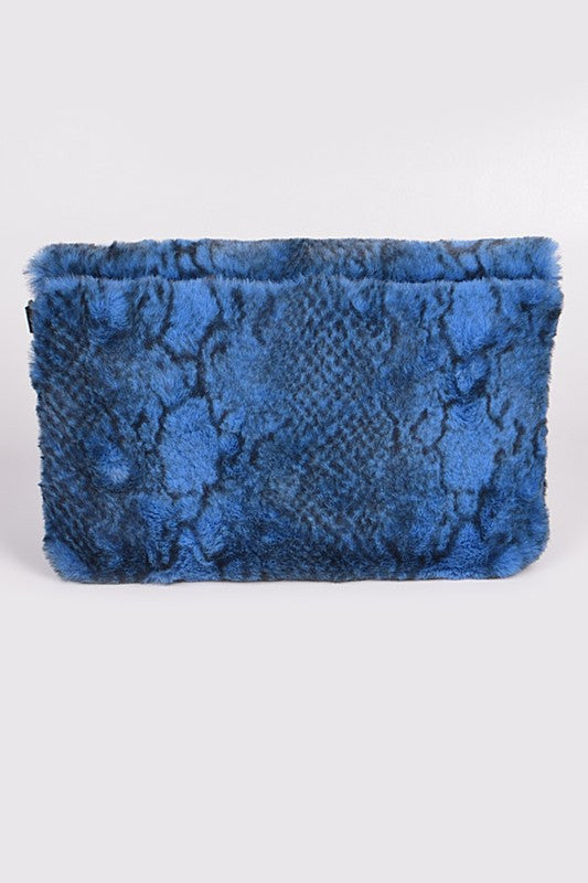 FAUX SHEARLING SNAKE PRINT CLUTCH