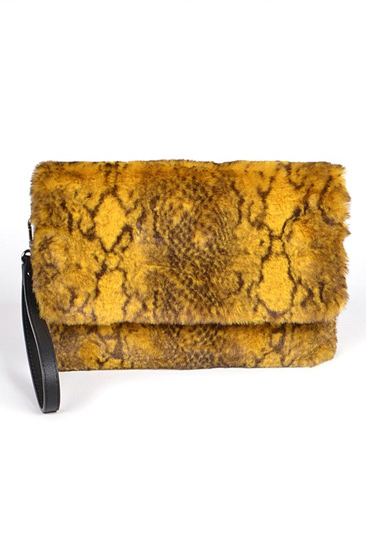 FAUX SHEARLING SNAKE PRINT CLUTCH