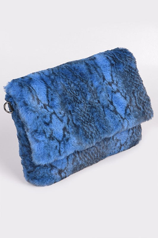 FAUX SHEARLING SNAKE PRINT CLUTCH