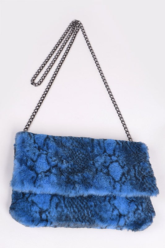 FAUX SHEARLING SNAKE PRINT CLUTCH