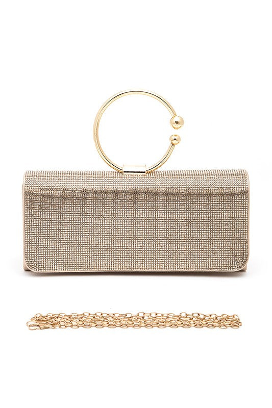 CIRCLE HANDLE RHINESTONE EVENING CLUTCH BAG