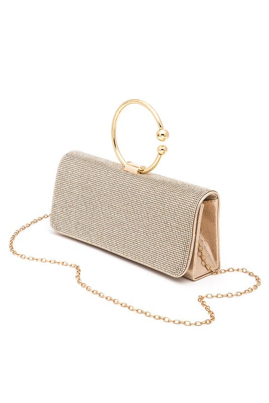 CIRCLE HANDLE RHINESTONE EVENING CLUTCH BAG