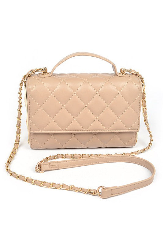 GOLD TRIM QUILTED TOP HANDLE CROSSBODY BAG