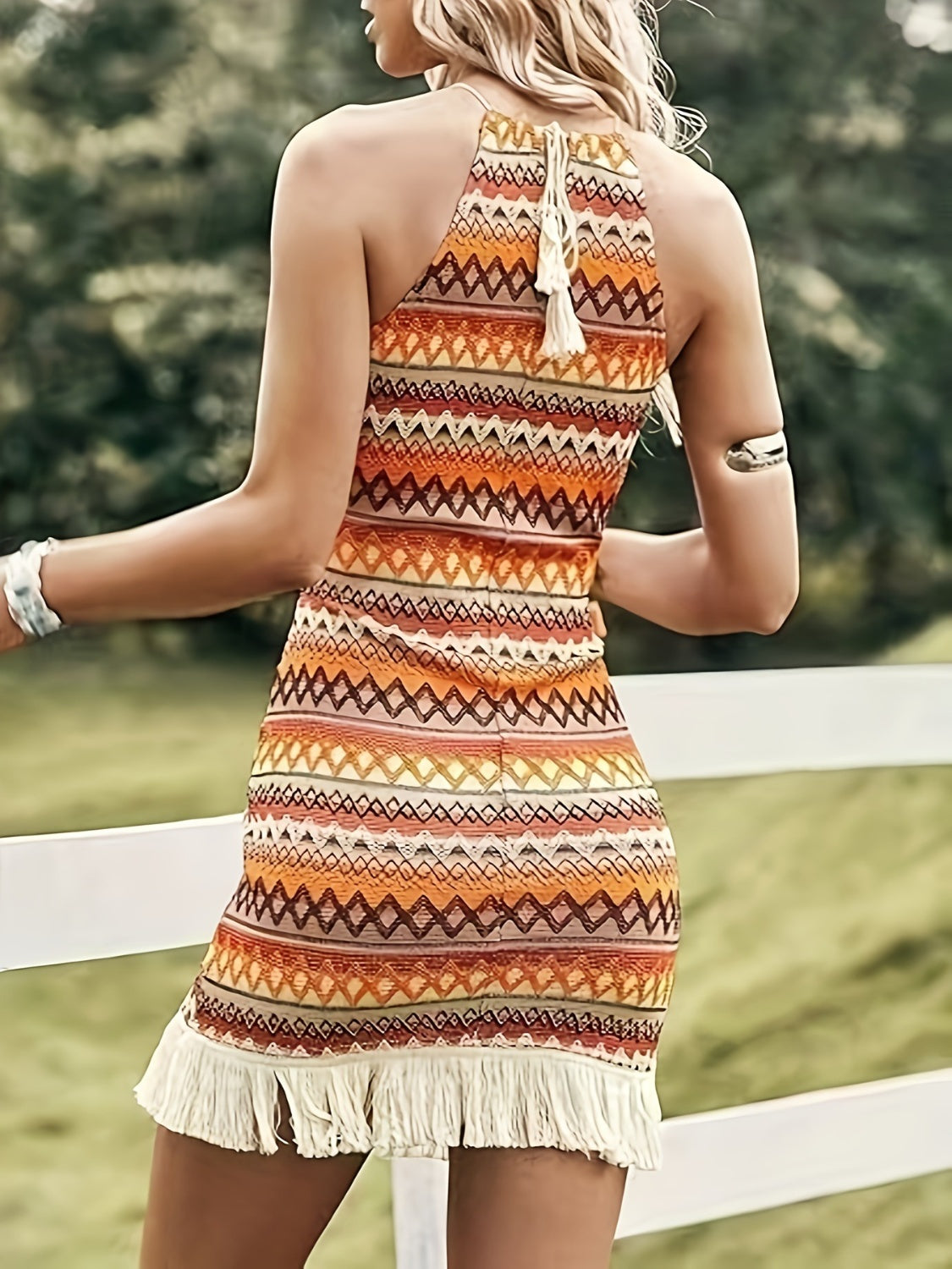 FRINGE HEM GRECIAN NECK DRESS