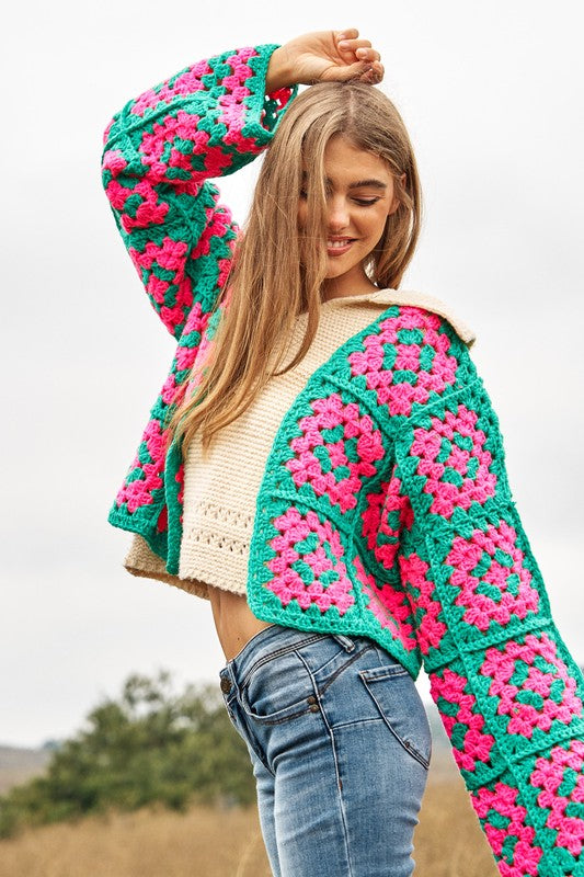 TWO-TONE FLORAL SQUARE CROCHET OPEN KNIT CARDIGAN