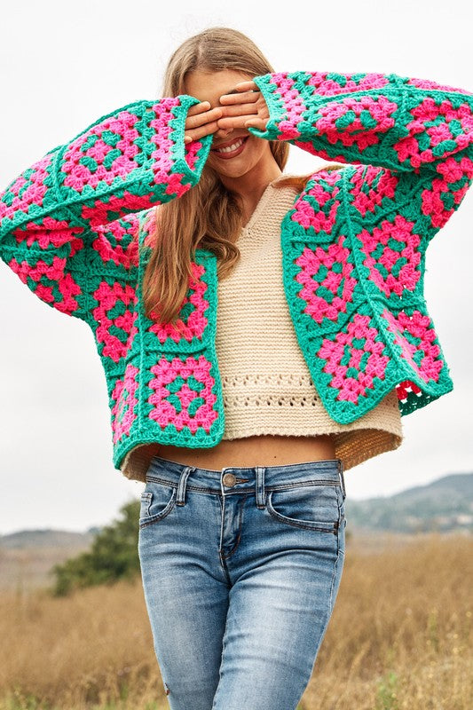 TWO-TONE FLORAL SQUARE CROCHET OPEN KNIT CARDIGAN