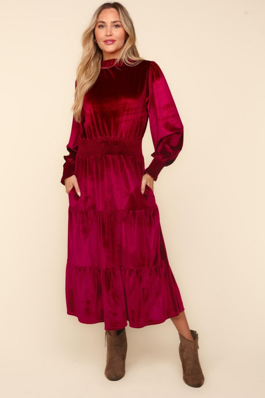 HAPTICS MOCK NECK SMOCKED WAIST VELVET TIERED DRESS