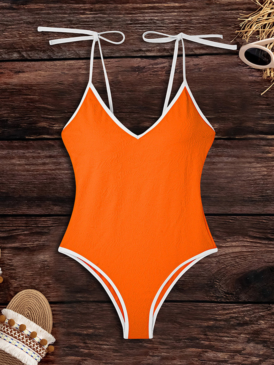 TIED V-NECK SPAGHETTI STRAP ONE-PIECE SWIMSUIT