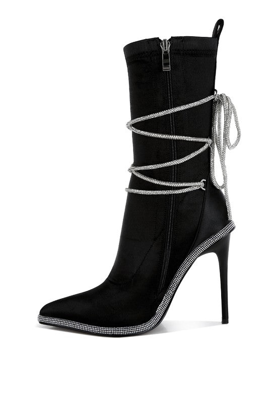 DACIA RHINESTONES STRAP SATIN CALF BOOTS