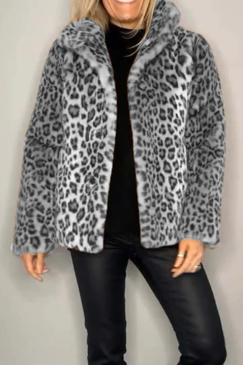 LEOPARD FURRY COLLARED NECK COAT