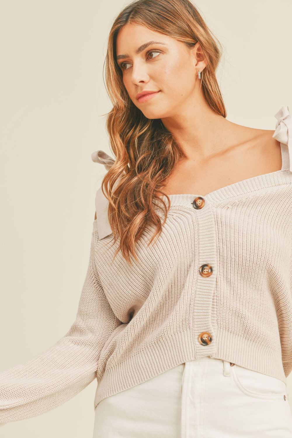 MABLE OFF THE SHOULDER SELF TIE STRAP BUTTON DOWN SWEATER