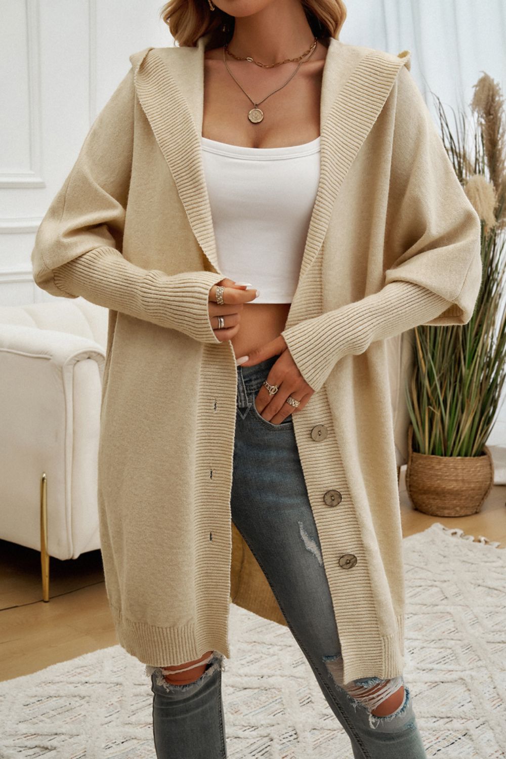 DEVINE BUTTON UP LONG SLEEVE HOODED CARDIGAN