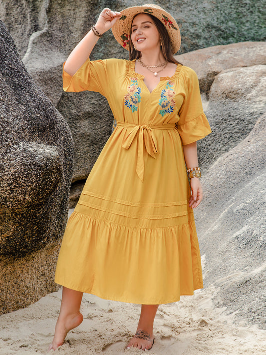 PLUS SIZE NOTCHED TIE WAIST 3/4 SLEEVE MIDI DRESS