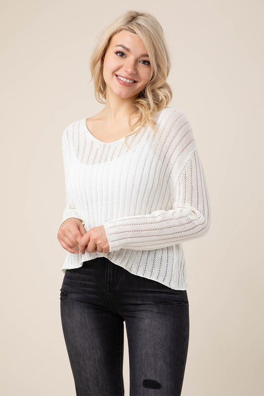 LONG SLEEVE RIB V NECK SWEATER