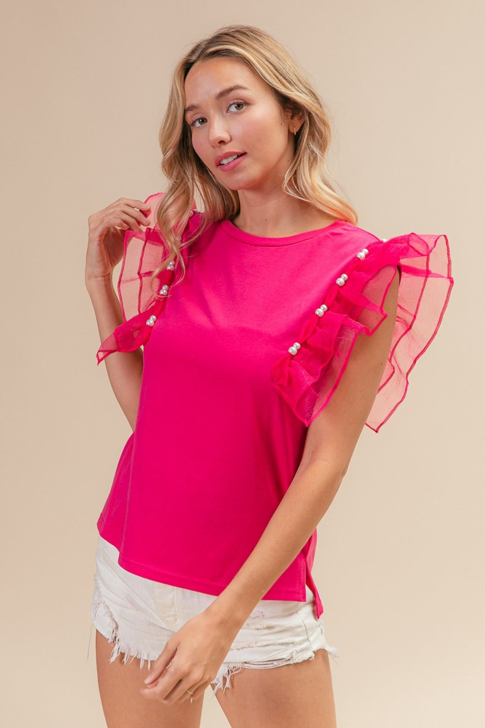 BiBi PEARL DETAIL MESH RUFFLE SLEEVE TOP