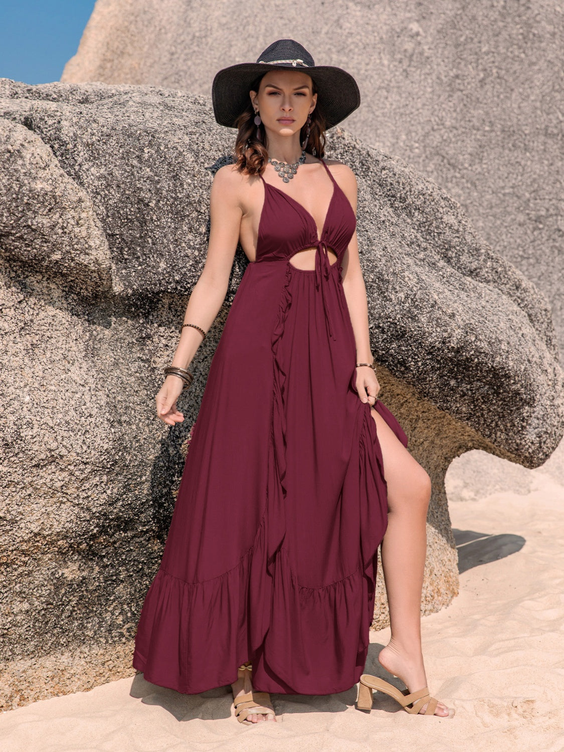 CRISS-CROSS BACK DRAWSTRING RUFFLE TRIM MAXI DRESS