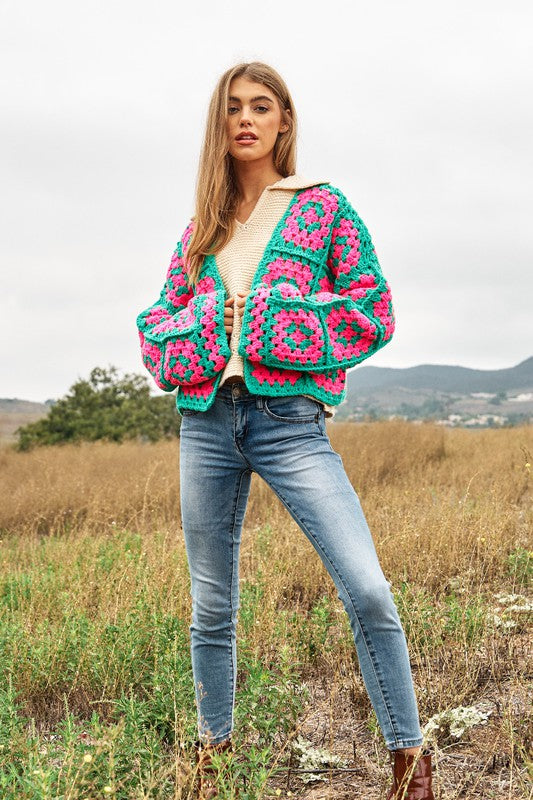 TWO-TONE FLORAL SQUARE CROCHET OPEN KNIT CARDIGAN