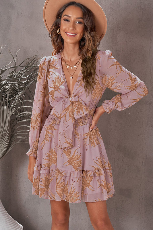 FLORAL DEEP V FLOUNCE SLEEVE MINI DRESS