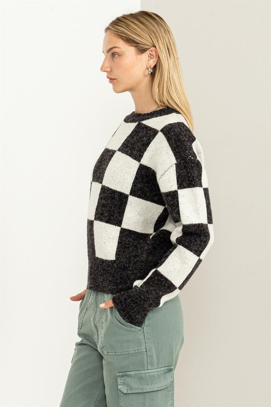 WEEKEND CHILLS CHECKERED LONG SLEEVE SWEATER