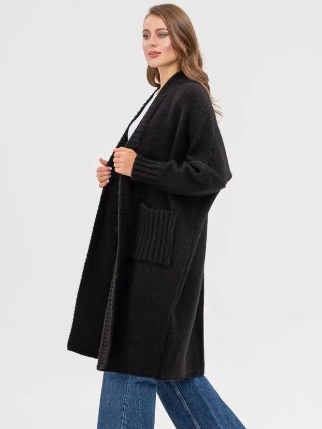 POCKETED OPEN FRONT LONG SLEEVE LONGLINE CARDIGAN