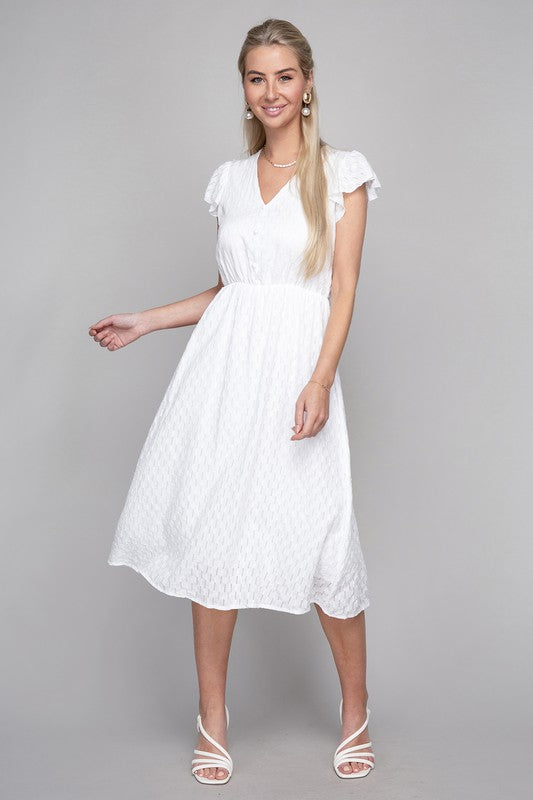 SHORT SLEEVE EMBROIDERED EYELET MIDI DRESS