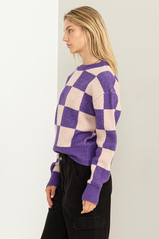 WEEKEND CHILLS CHECKERED LONG SLEEVE SWEATER