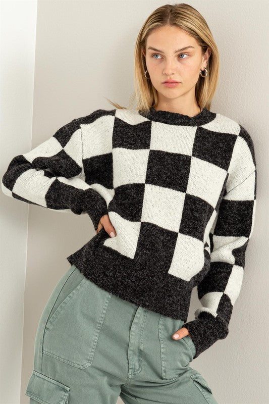 WEEKEND CHILLS CHECKERED LONG SLEEVE SWEATER