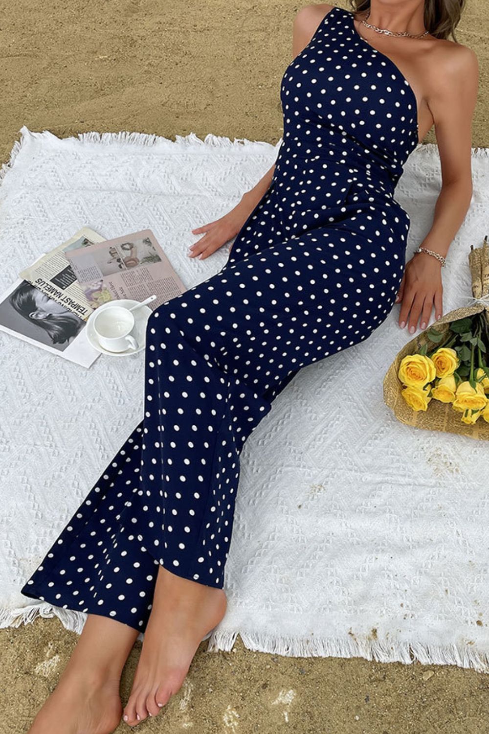 PERFEE POLKA DOT ONE-SHOULDER JUMPSUIT