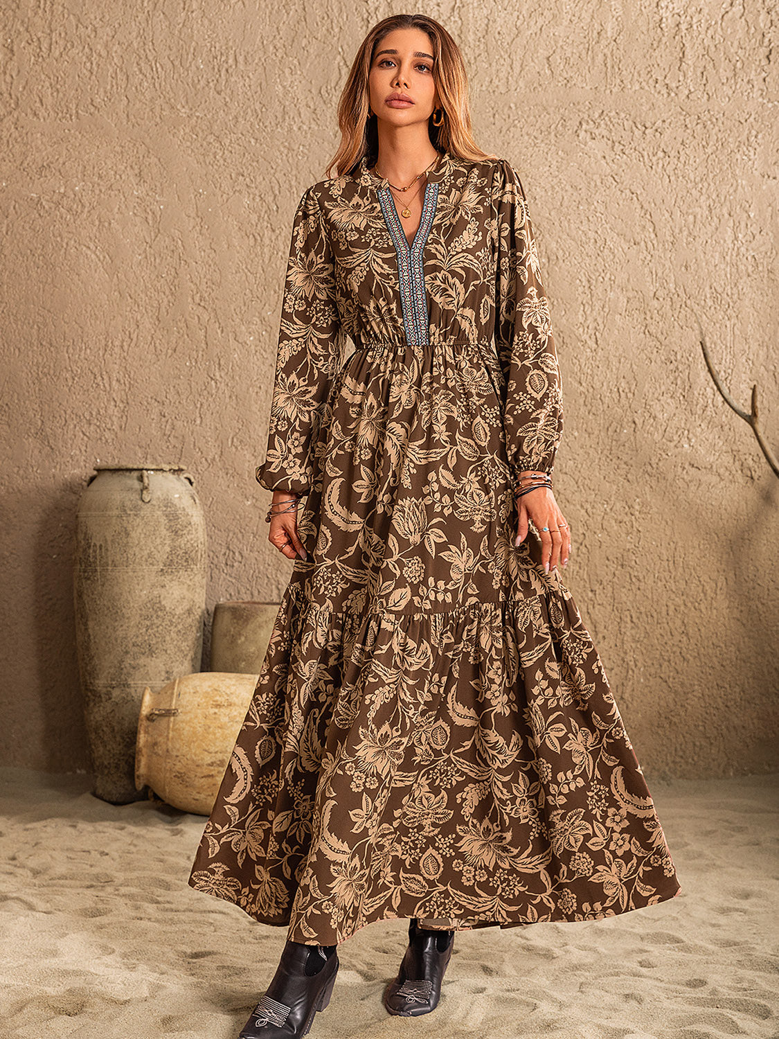 RUCHED PRINTED NOTCHED LONG SLEEVE MAXI DRESS