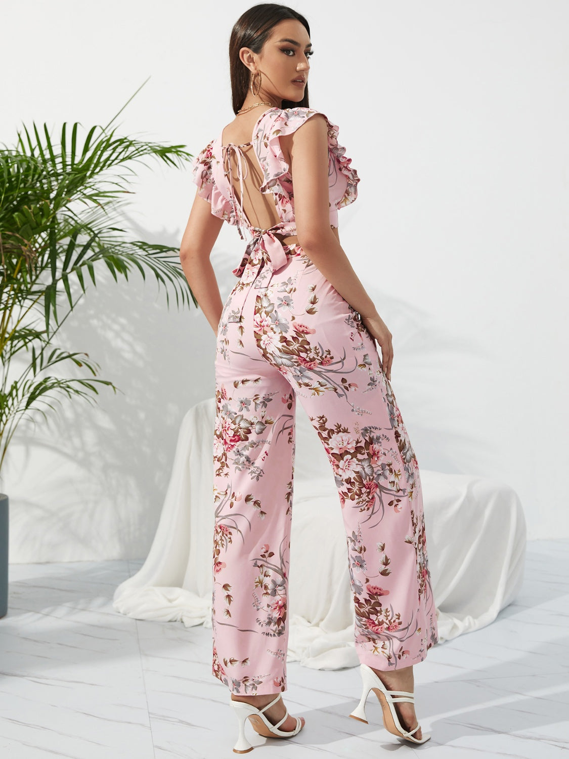 PRINTED SURPLICE CAP SLEEVE TOP AND PANTS SET