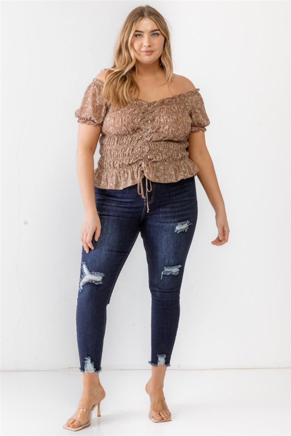 ZENOBIA PLUS SIZE FRILL RUCHED OFF THE SHOULDER SHORT SLEEVE BLOUSE