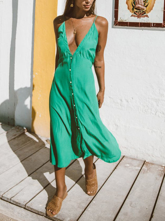 BUTTONED PLUNGE MIDI CAMI DRESS