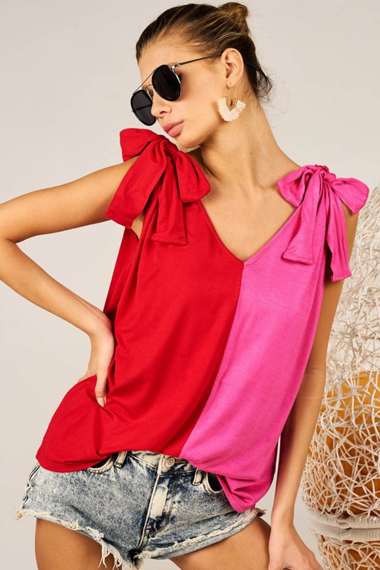 BIBI SHOULDER RIBBON TIED CONTRAST TANK