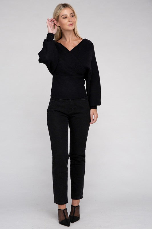 VISCOSE CROSS WRAP PULLOVER SWEATER