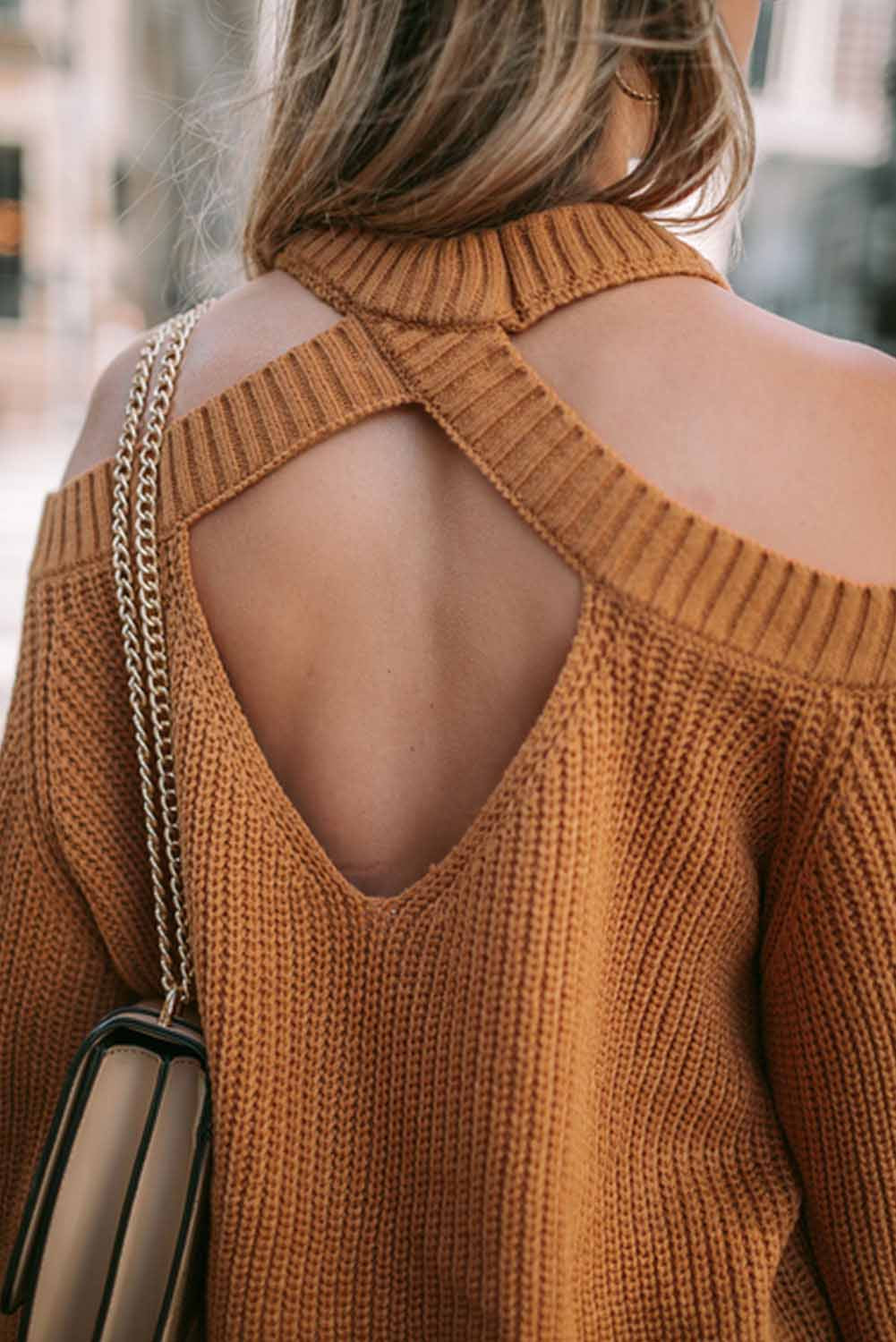 CUT-OUT BACK COLD SHOULDER LONG SLEEVE SWEATER