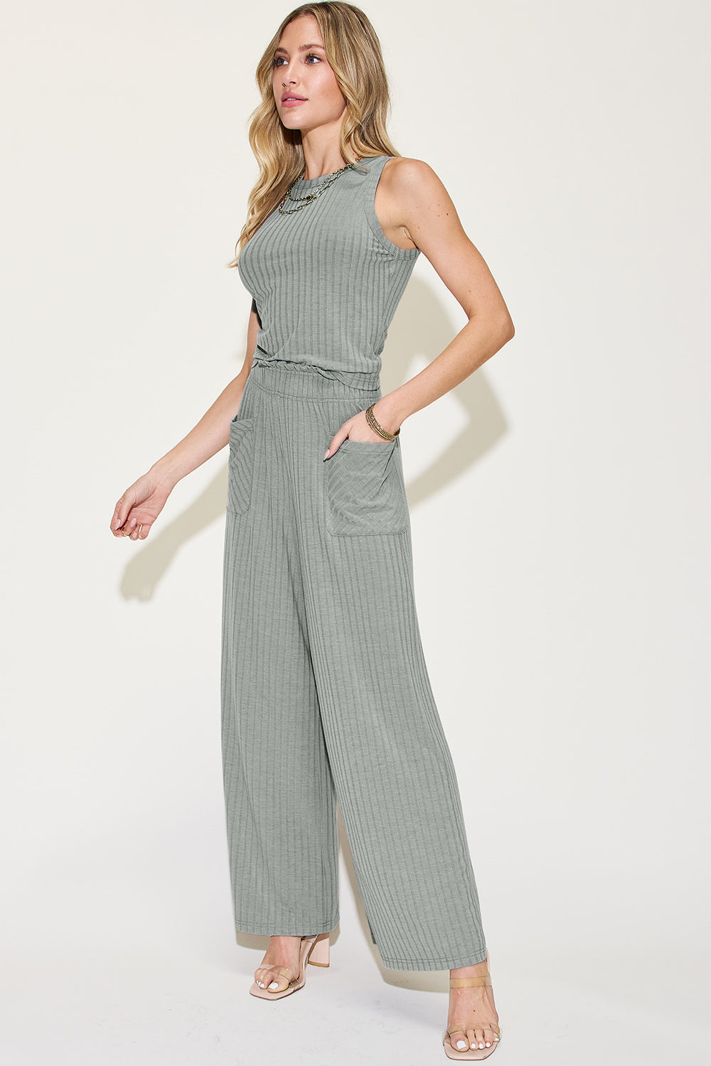 BASIC BAE RIBBED TANK AND WIDE LEG PANTS SET