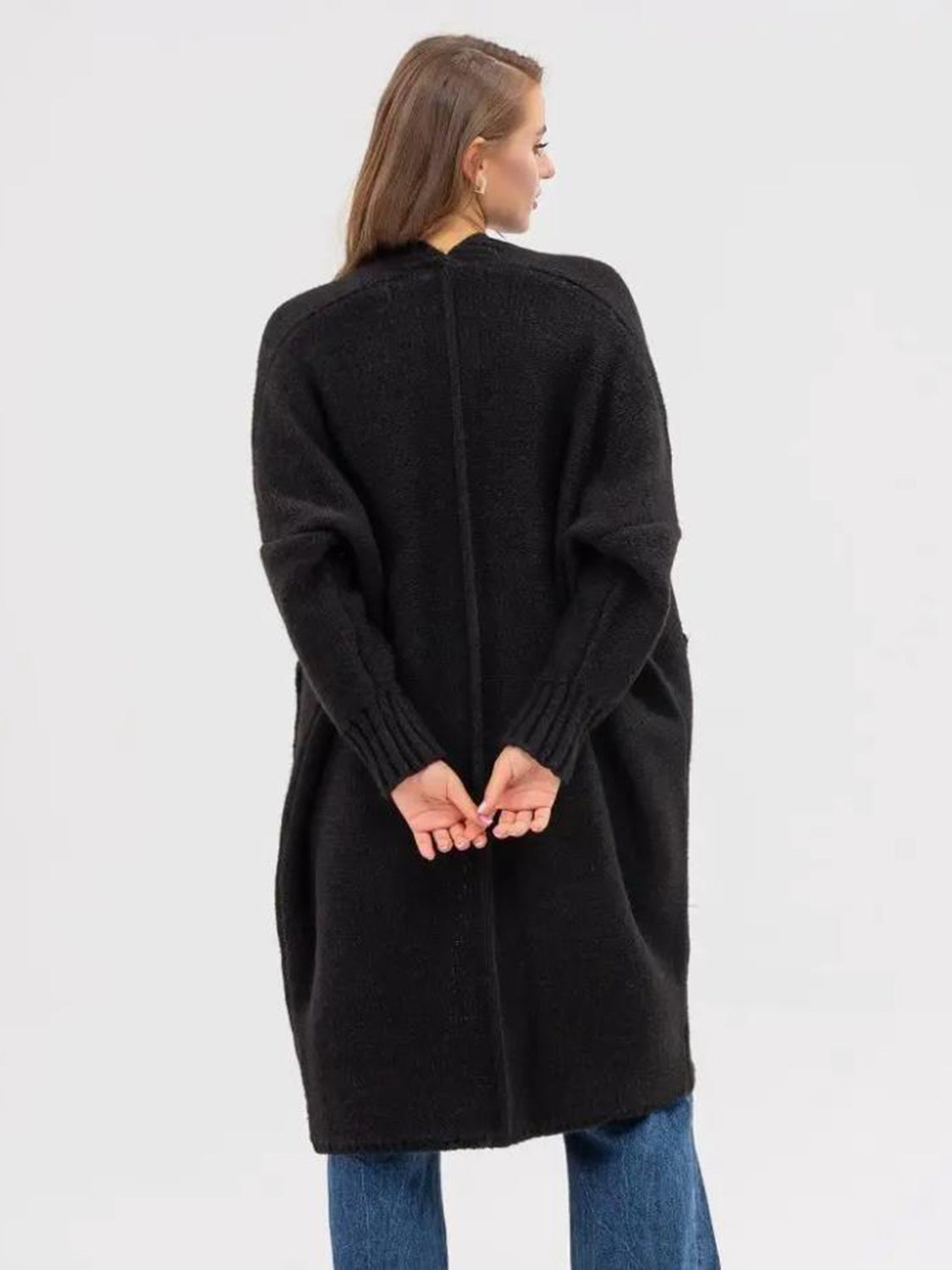 POCKETED OPEN FRONT LONG SLEEVE LONGLINE CARDIGAN