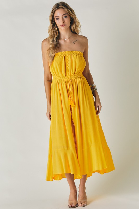 STRAPLESS BUTTON DOWN SMOCKED MIDI DRESS