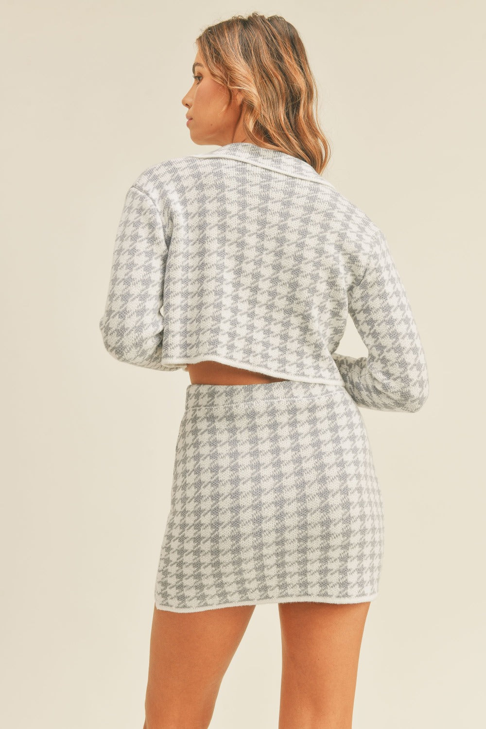 MABLE HOUNDSTOOTH CROPPED KNIT CARDIGAN AND MINI SKIRT SET
