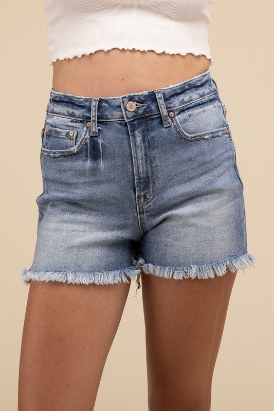 MID RISE RAW FRAYED HEM DENIM SHORTS