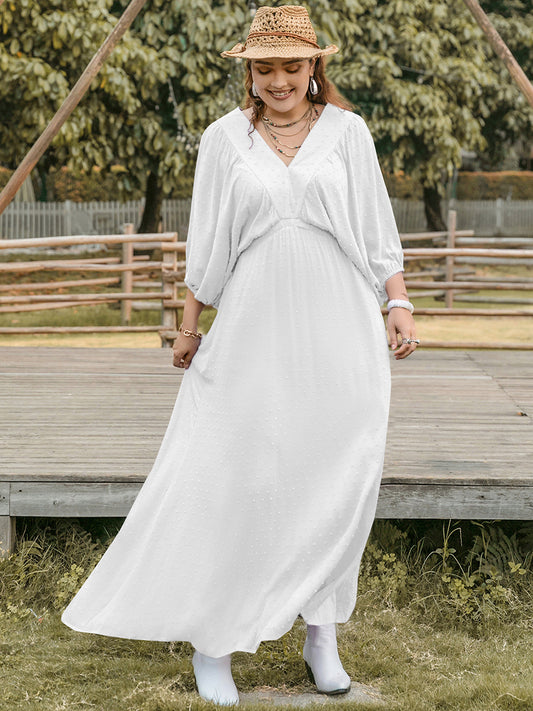PLUS SIZE SWISS DOT V-NECK THREE-QUARTER SLEEVE DRESS
