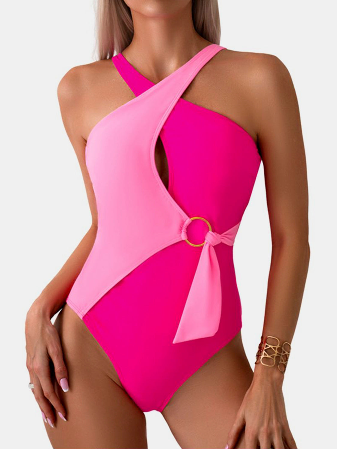 CUTOUT CONTRAST HALTER NECK ONE-PIECE SWIMSUIT