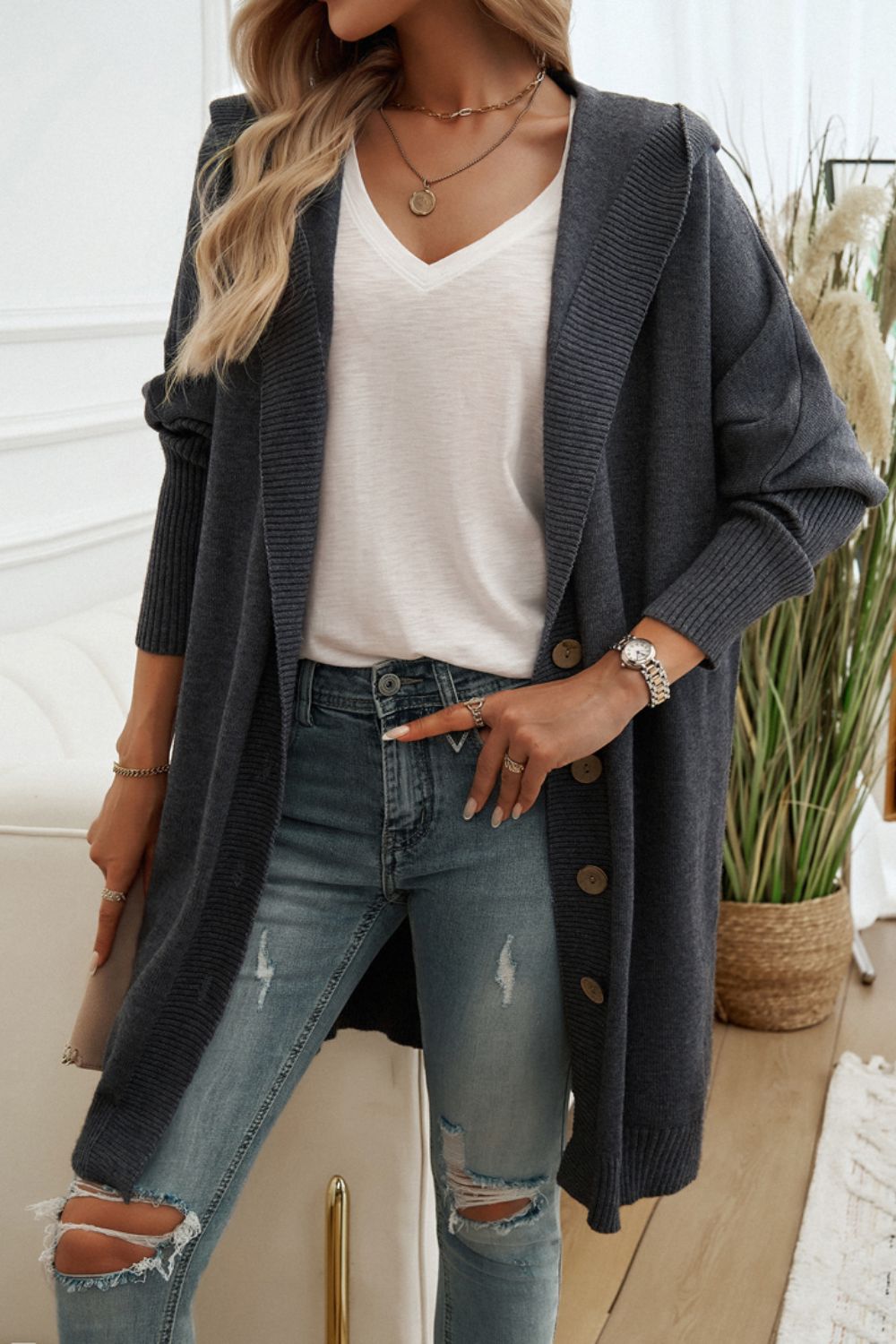 DEVINE BUTTON UP LONG SLEEVE HOODED CARDIGAN