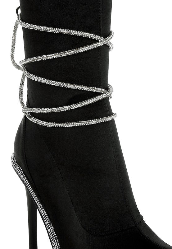 DACIA RHINESTONES STRAP SATIN CALF BOOTS